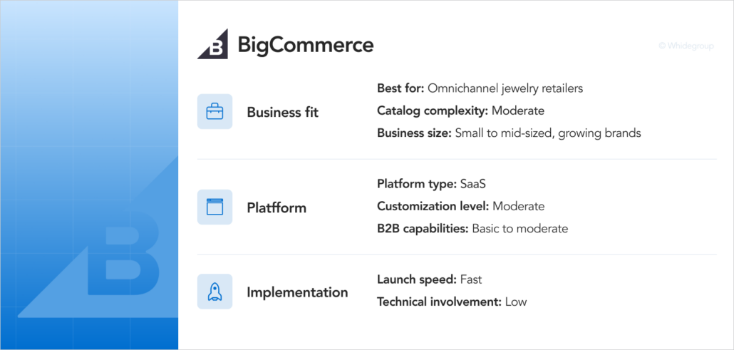 BigCommerce infographic explaining its strengths for omnichannel jewelry retailers and growing online brands.