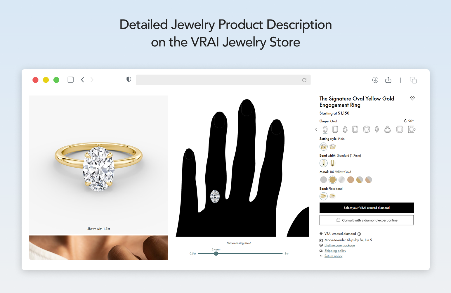 Detailed jewelry pieces description on a jewelry store product page