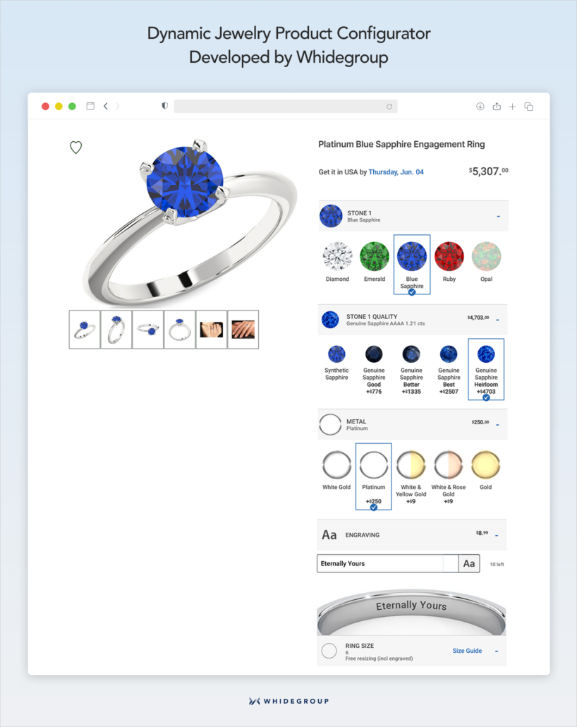 Jewelry product page displaying advanced product customization filters