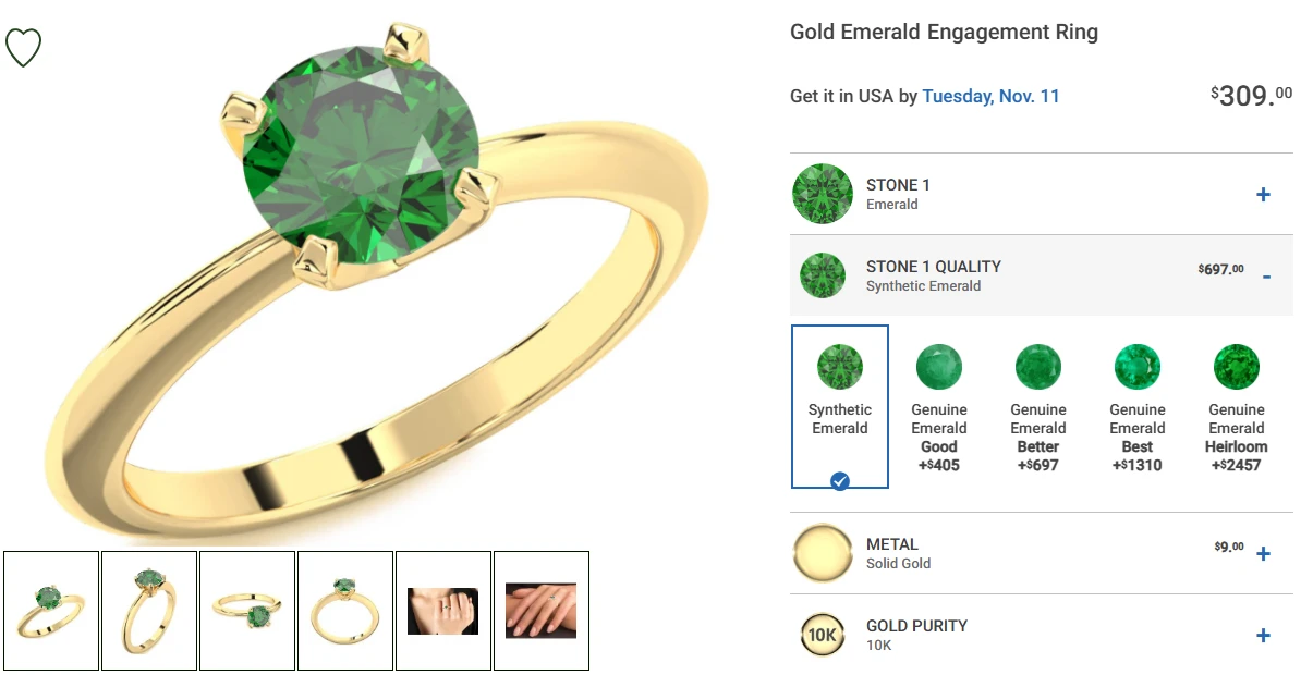 Customizable emerald engagement ring with dynamic pricing options