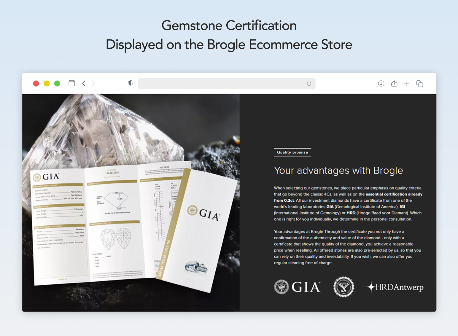Authenticity certificate on the separate page of a jewelry ecommerce website