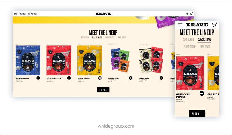 e-commerce homepage Krave Jerky featured products