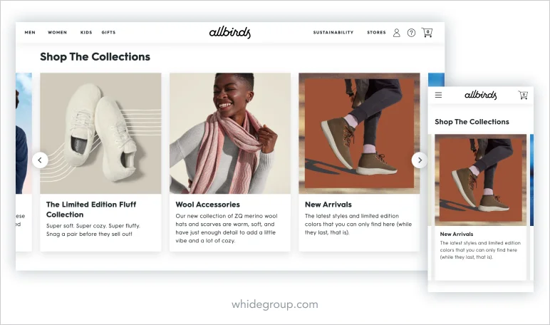 e-commerce homepage Allbirds featured collections