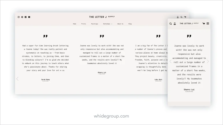 homepage design The Letter J Supply customer testimonials