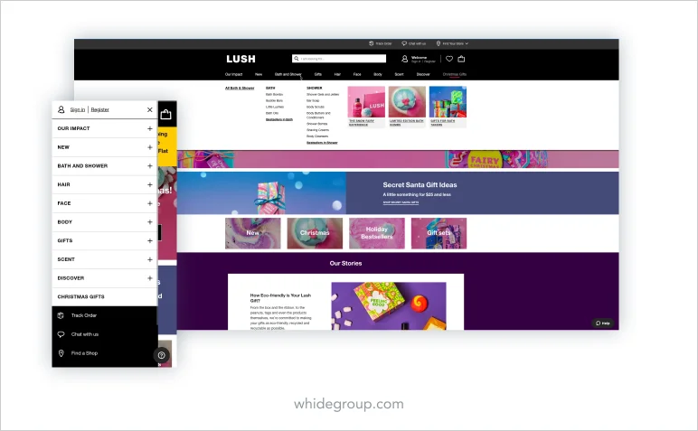 e-commerce homepage navigation Lush