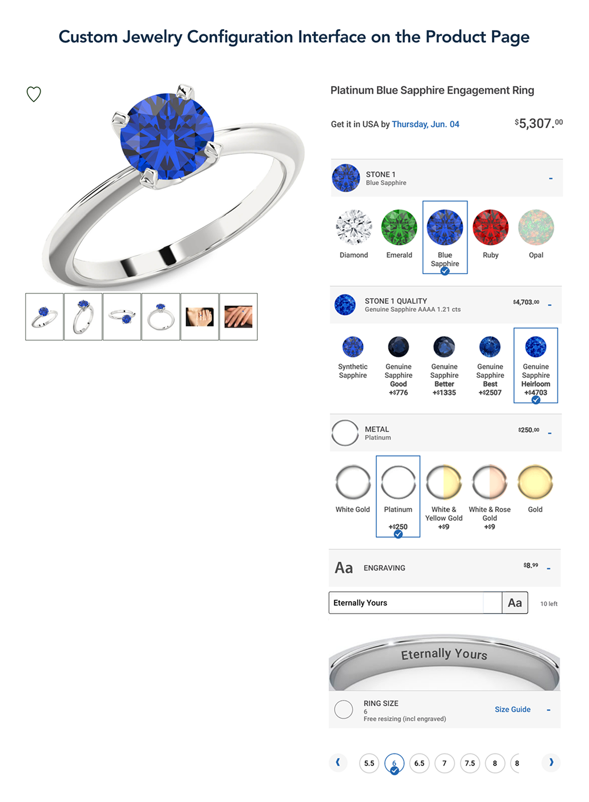 Custom engagement ring configurator with gemstone, metal, engraving, and size options