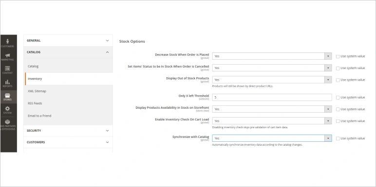 magento stock options configuration