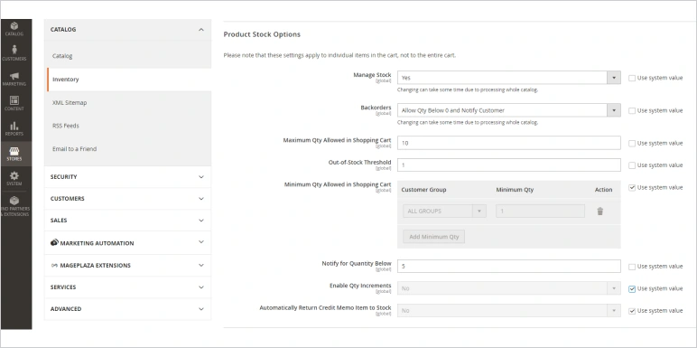 magento 2 stock options configuration