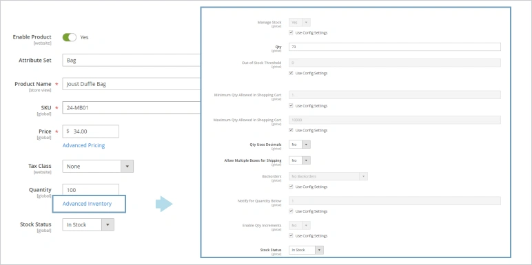 magento 2 individual product stock configuration