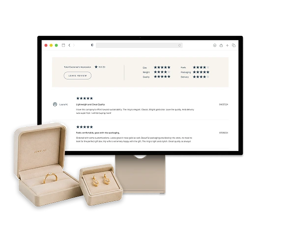 Magento 2 product review page with customer ratings and jewelry products
