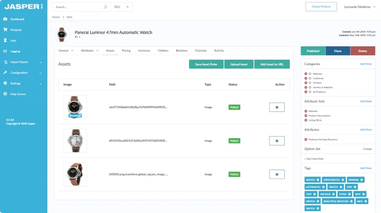 A product management dashboard with multiple Shopify stores