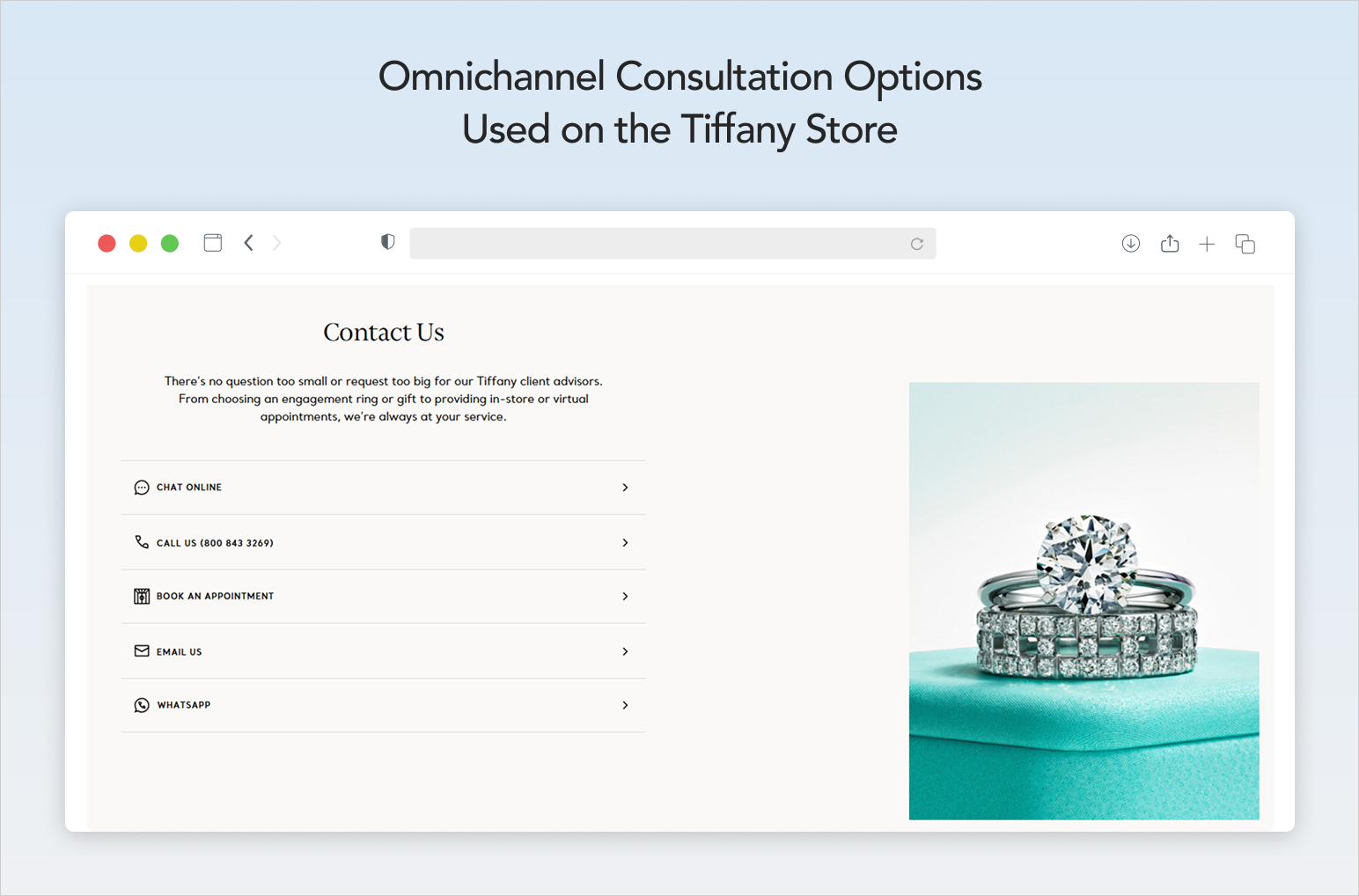Customer support option blocks on an online jewelry store webpage.