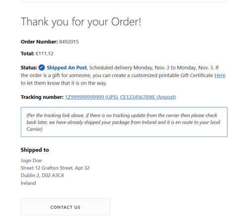 Order shipment confirmation with tracking number and delivery status