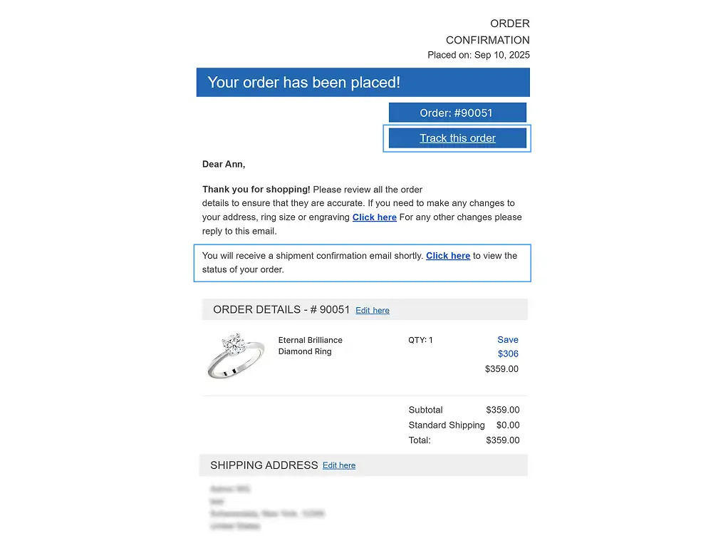 Order confirmation page with Track this order button