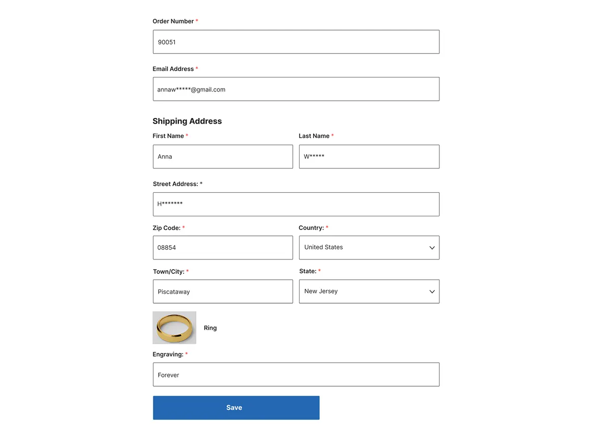 Edit order form displaying order number, email address, shipping address fields