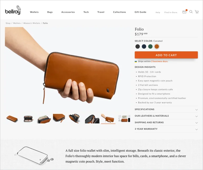 best e-commerce product pages: Bellroy