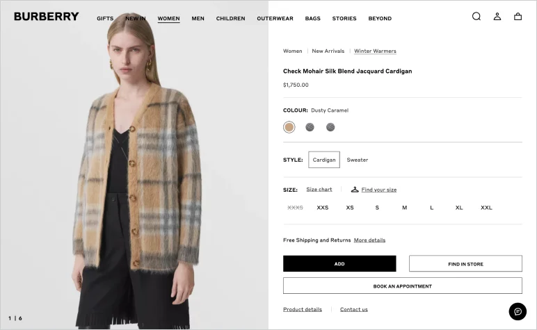 e-commerce product page content Burberry