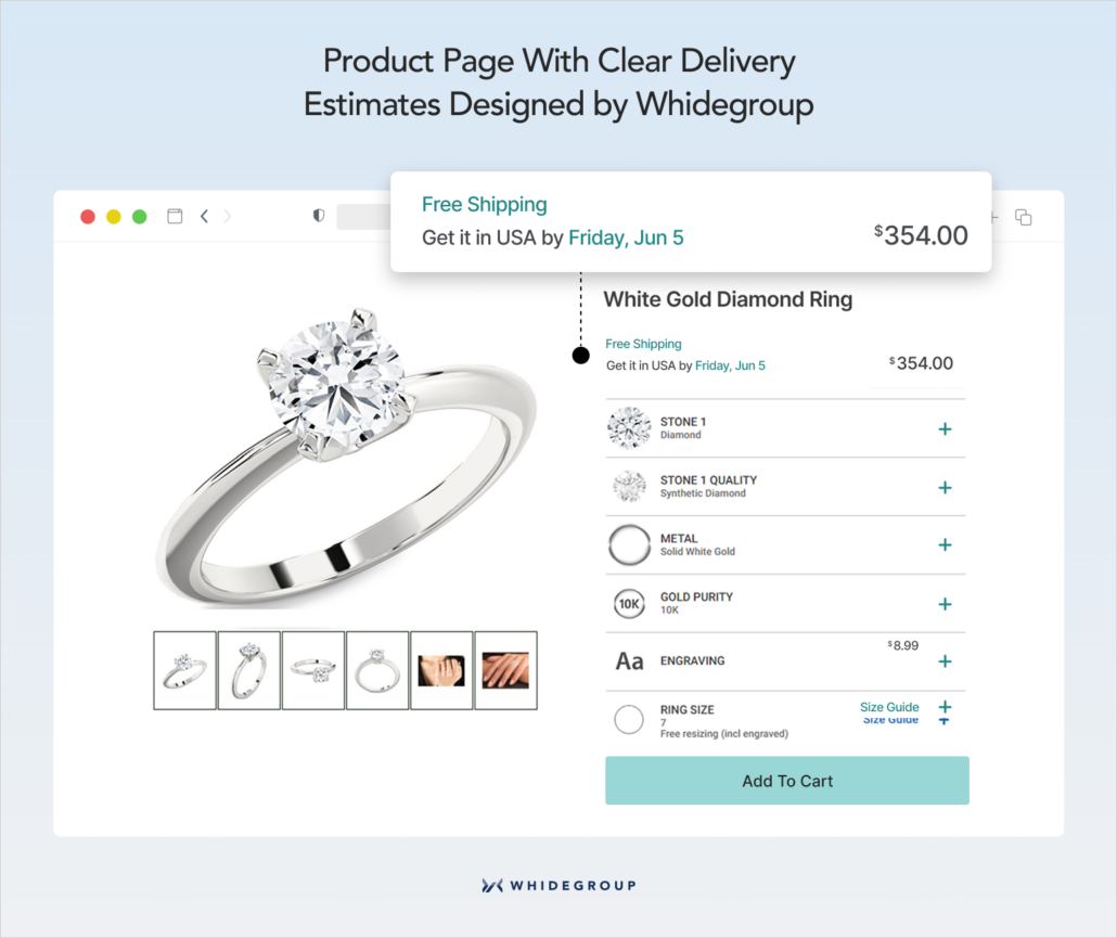 Product page displaying integrated delivery estimate blocks to improve online jewelry store development trust signals.