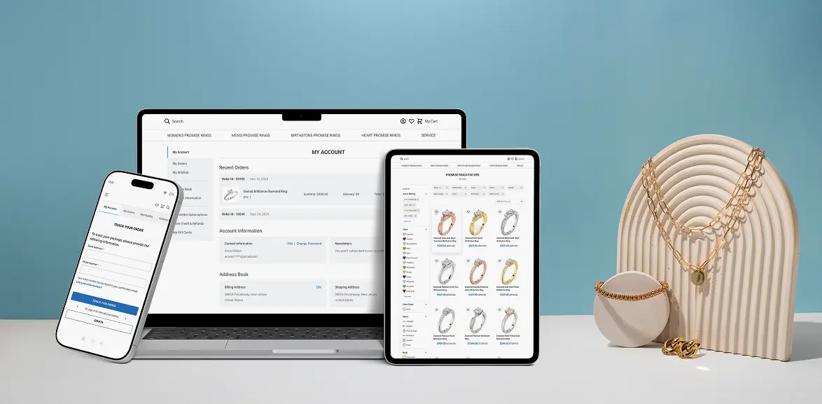 Responsive jewelry eCommerce website displayed across smartphone, laptop, and tablet devices