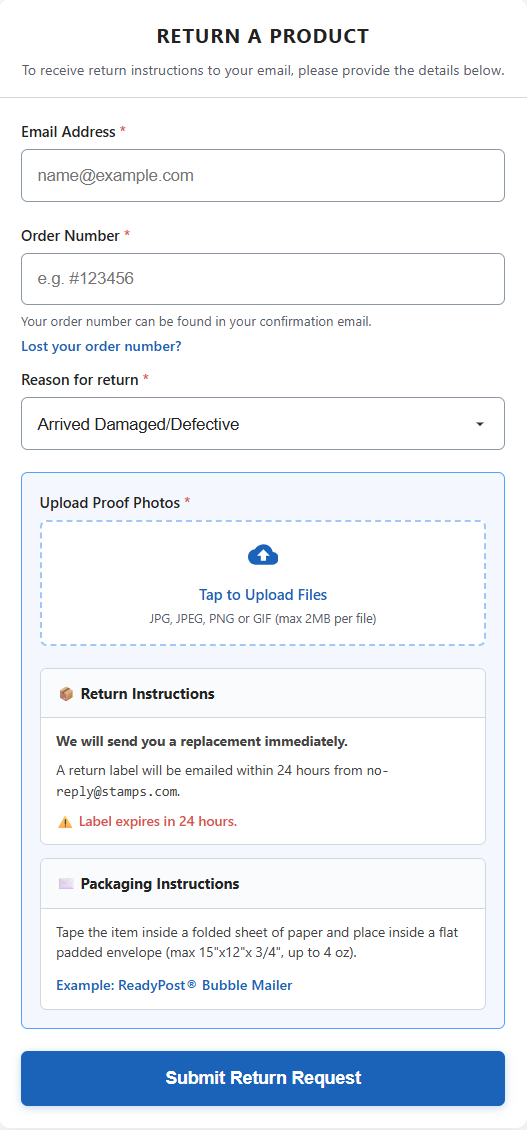 Product return request form