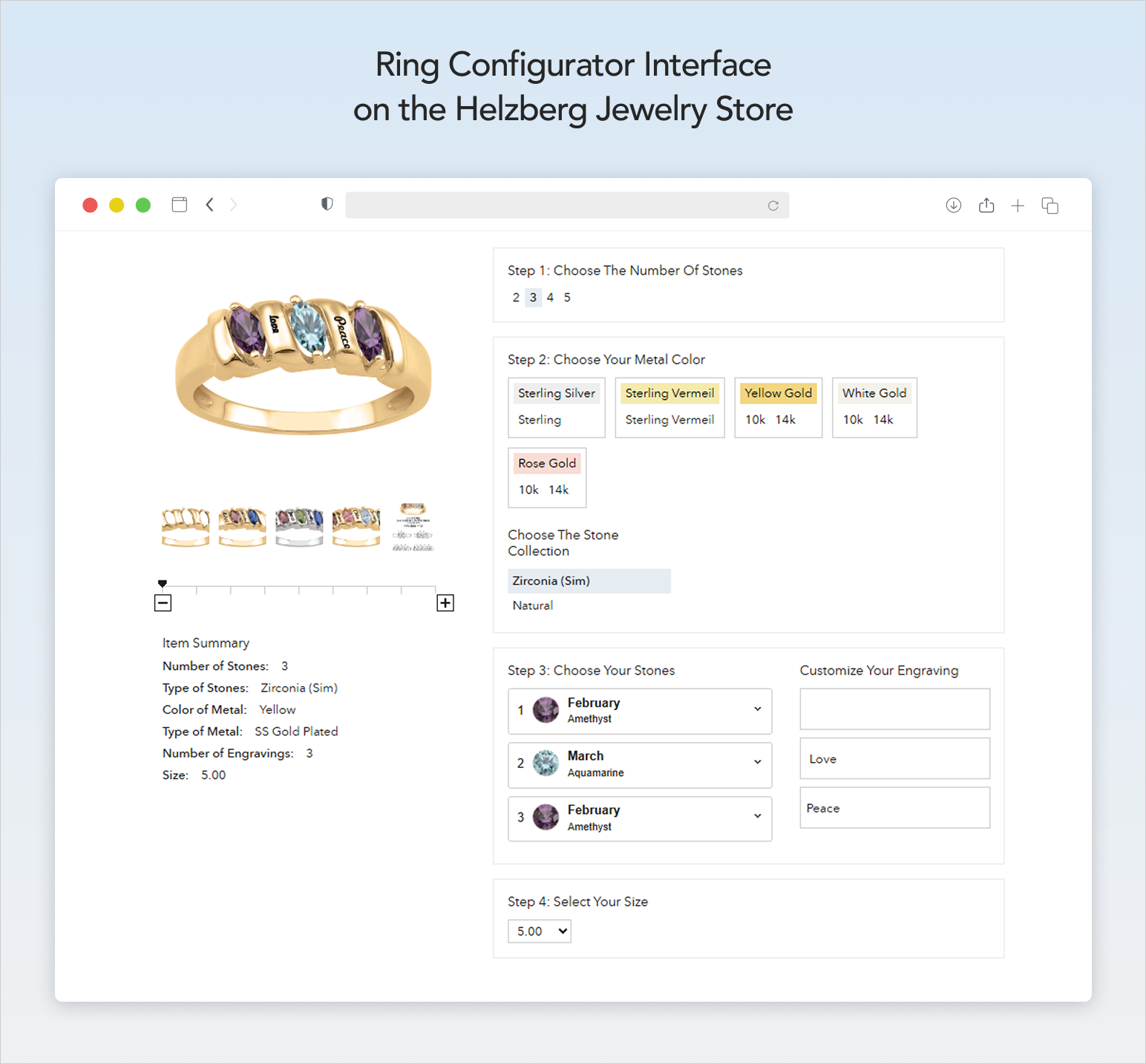 Bespoke ring customizer interface designed for product page layout of an online jewelry store