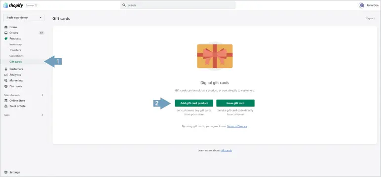 Set active gift cards on Shopify