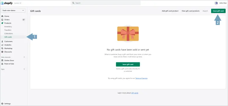 Issue Shopify gift cards