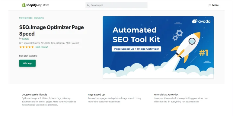 Shopify image optimization app: Avada SEO Suite