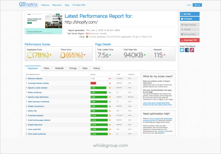 Shopify speed optimization - GTmetrix