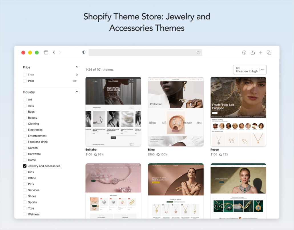 Selection screen for jewelry and accessory themes, highlighting 101 paid options for stores.