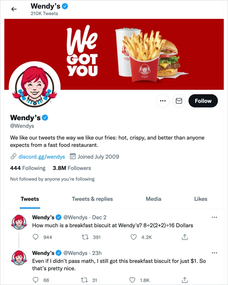 shopify traffic: wendy's twitter profile