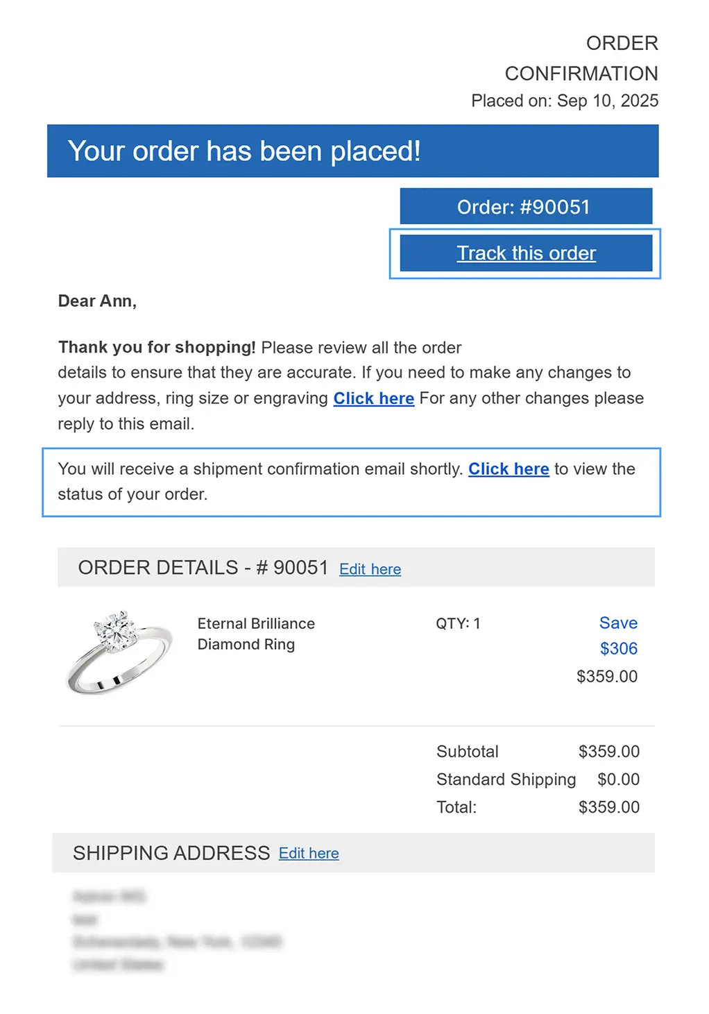 Order confirmation page with Track this order button