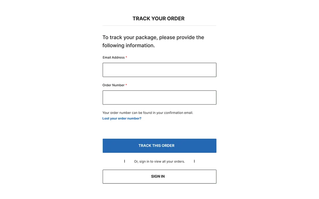 Order tracking page with email and order number input fields