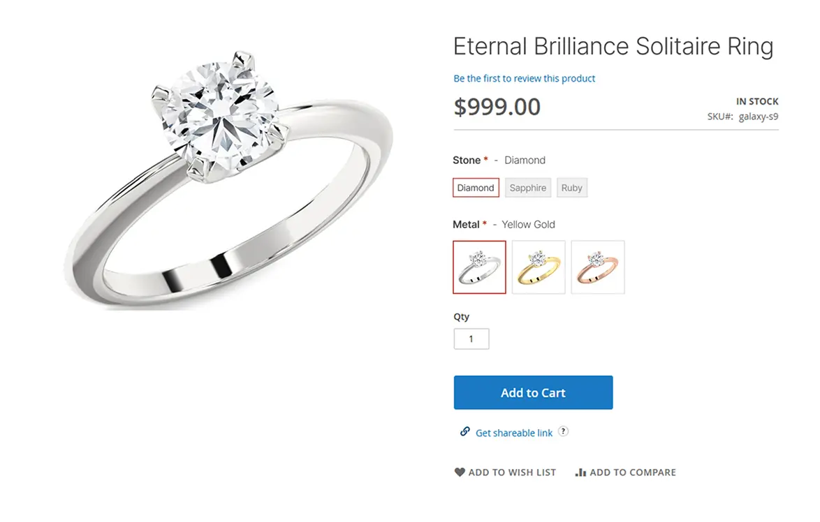 Product page with customization options