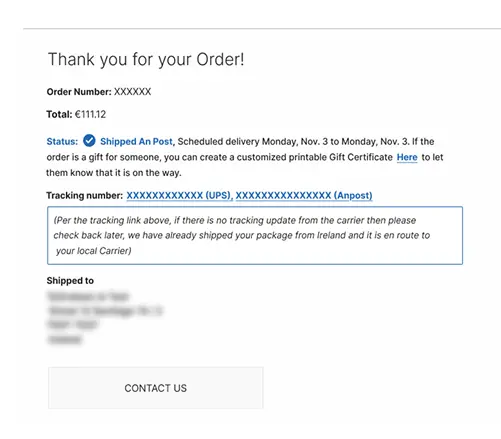 Order shipment confirmation with tracking number and delivery status