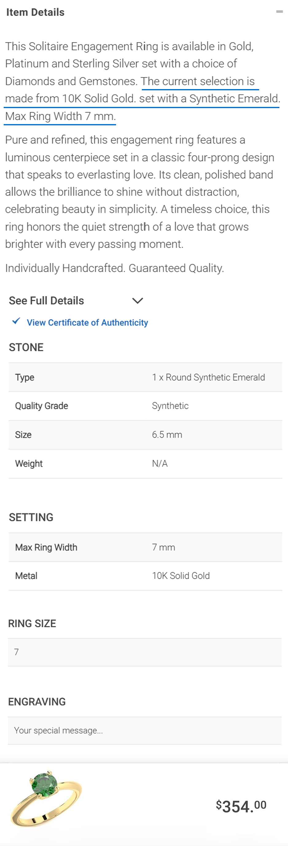 Green gemstone ring specifications and customization details