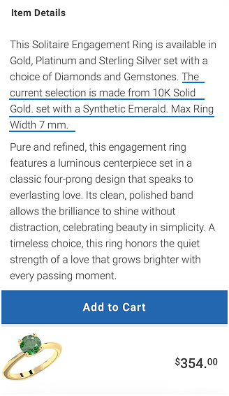 Green gemstone ring specifications and customization details