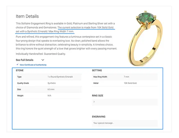 Green gemstone ring specifications and customization details