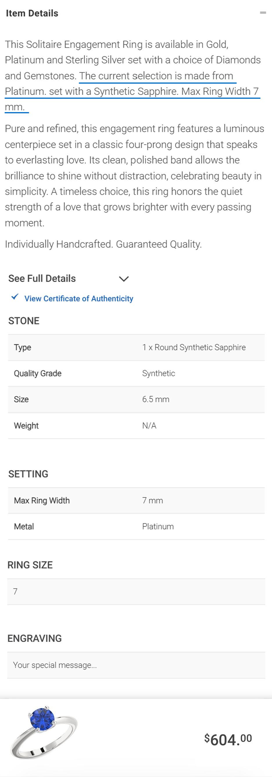Blue gemstone ring specifications and customization details