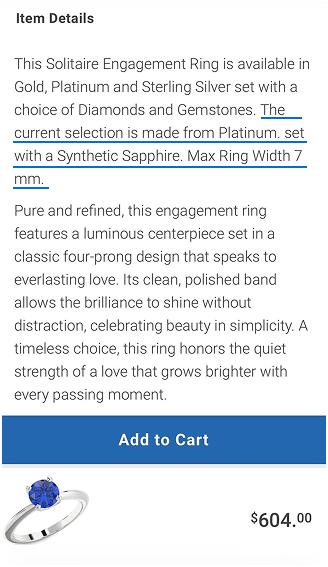Blue gemstone ring specifications and customization details