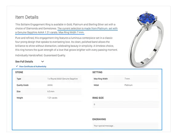 Blue gemstone ring specifications and customization details