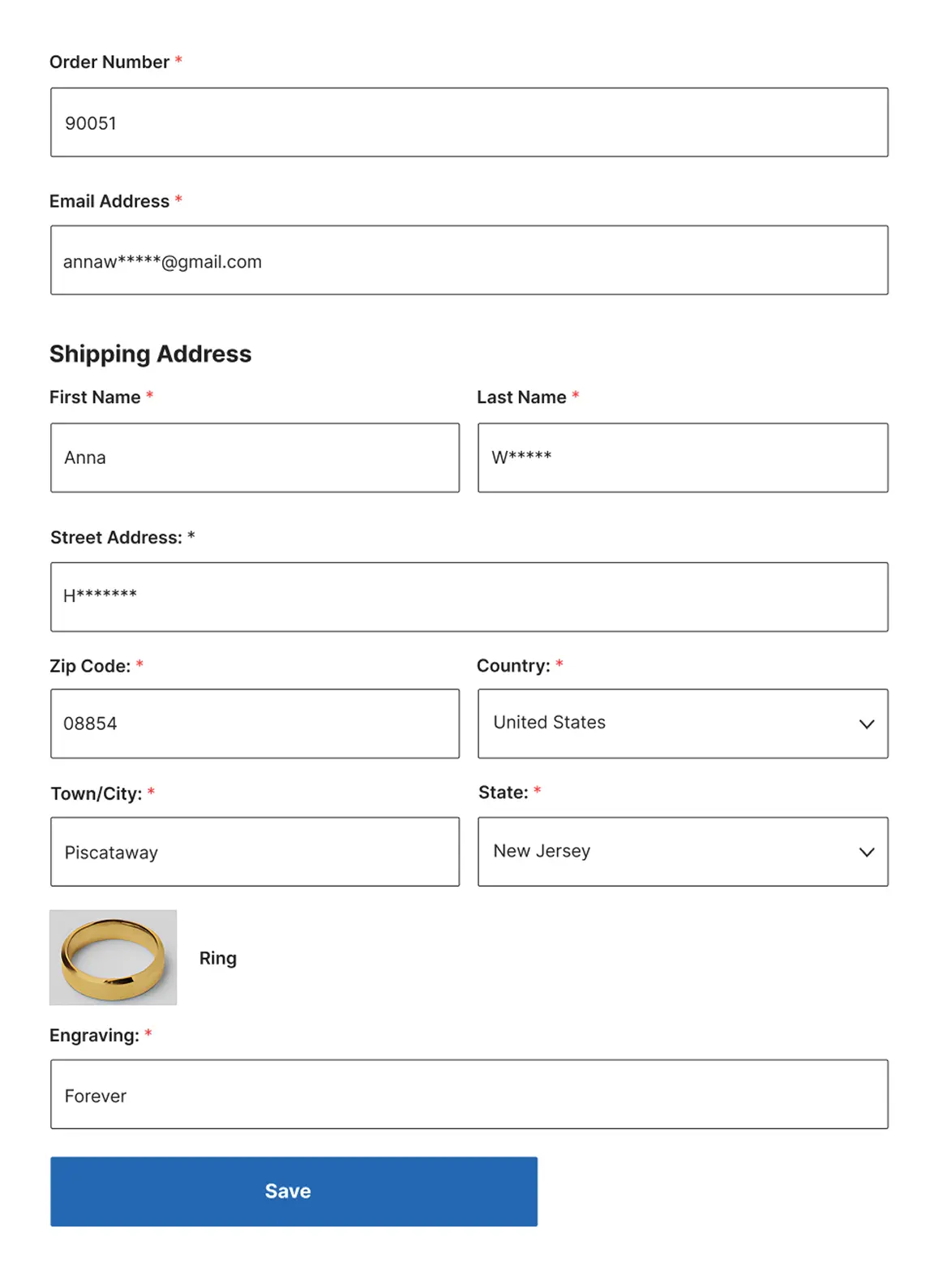 Edit order form displaying order number, email address, shipping address fields