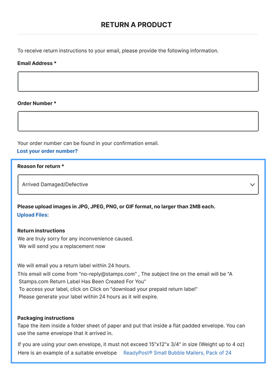 Product return request form