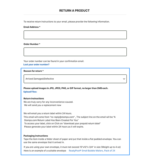Product return request form