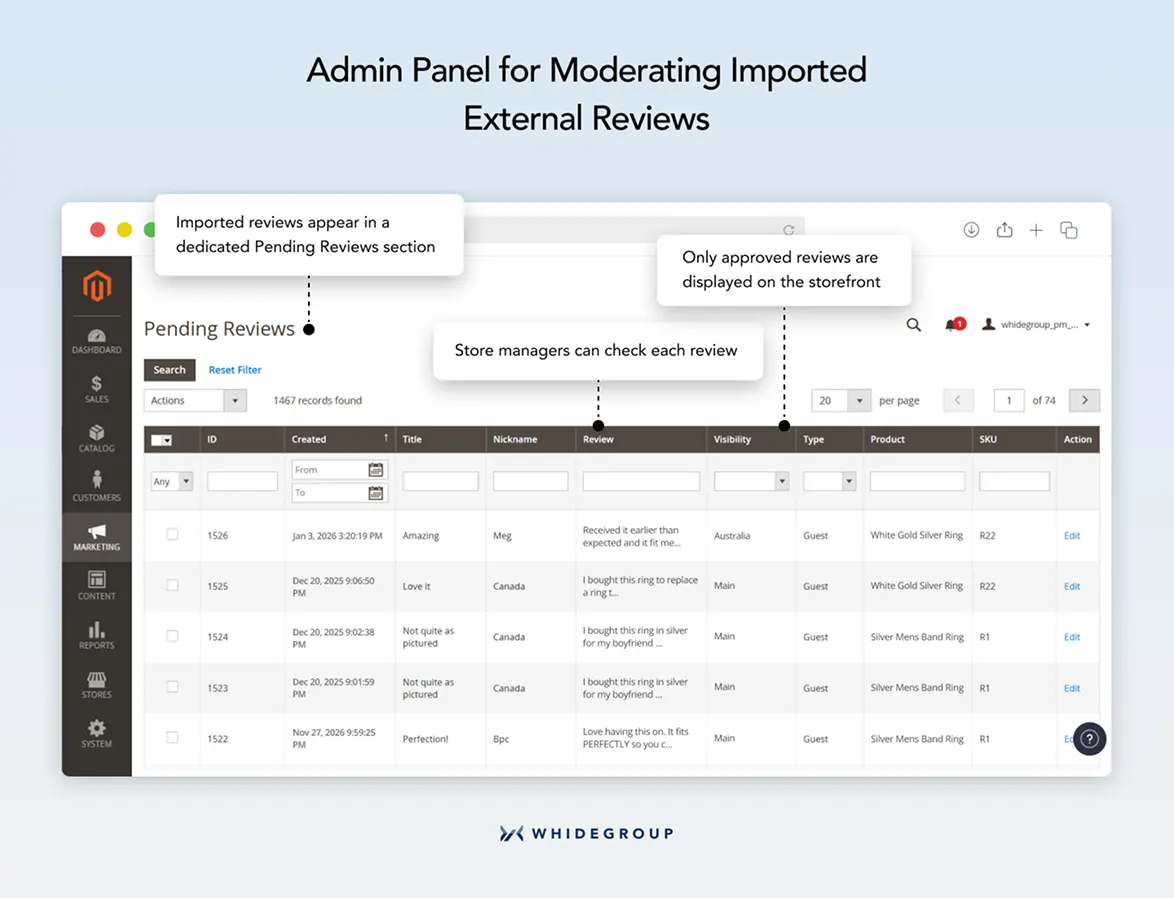 Magento 2 admin panel for moderating imported external product reviews