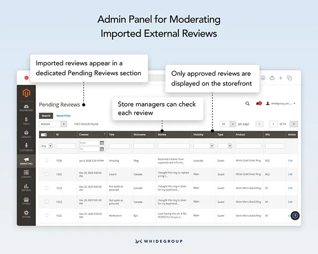 Magento 2 admin panel for moderating imported external product reviews