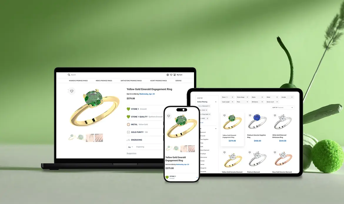 Customizable emerald engagement ring with dynamic pricing options