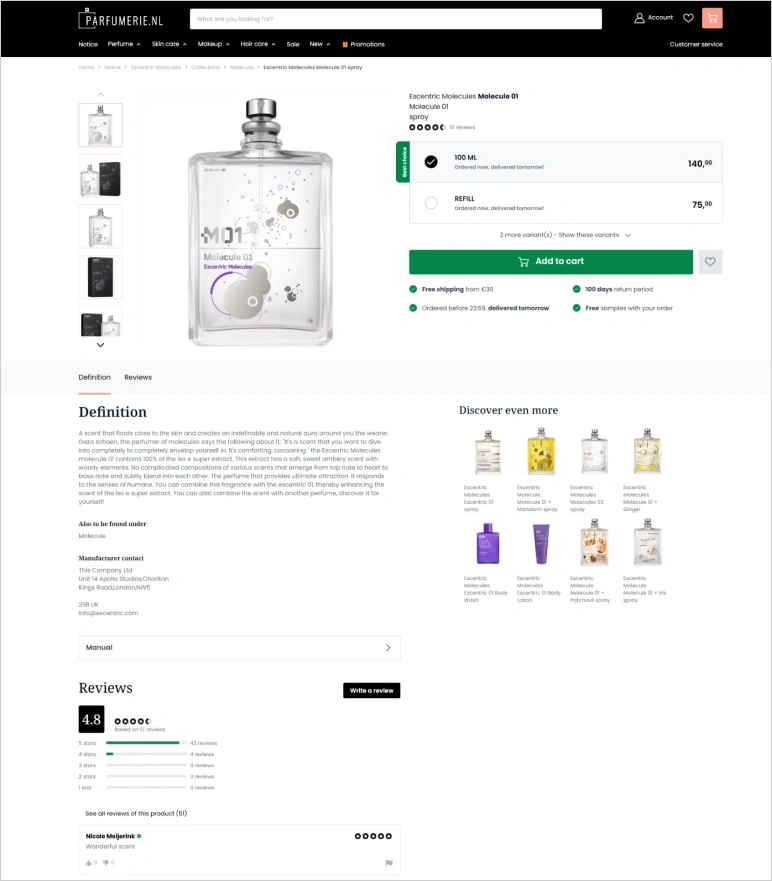 parfumerie product page designed with hyva