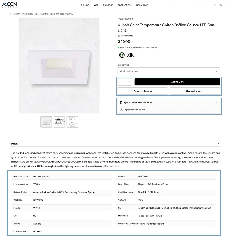 alcon lighting product page designed with hyva