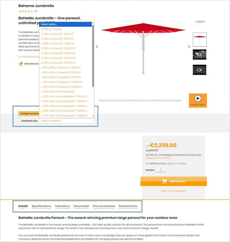 sunliner store product page designed with hyva